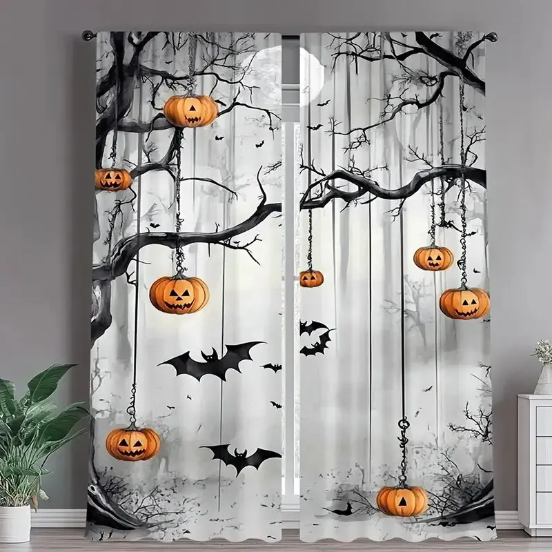 قطعتان - ستائر مطبوعة بنمط فانوس اليقطين للرؤية الليلية للهالوين، ديكورات النوافذ، ديكورات المنزل، ديكورات الغرف #1