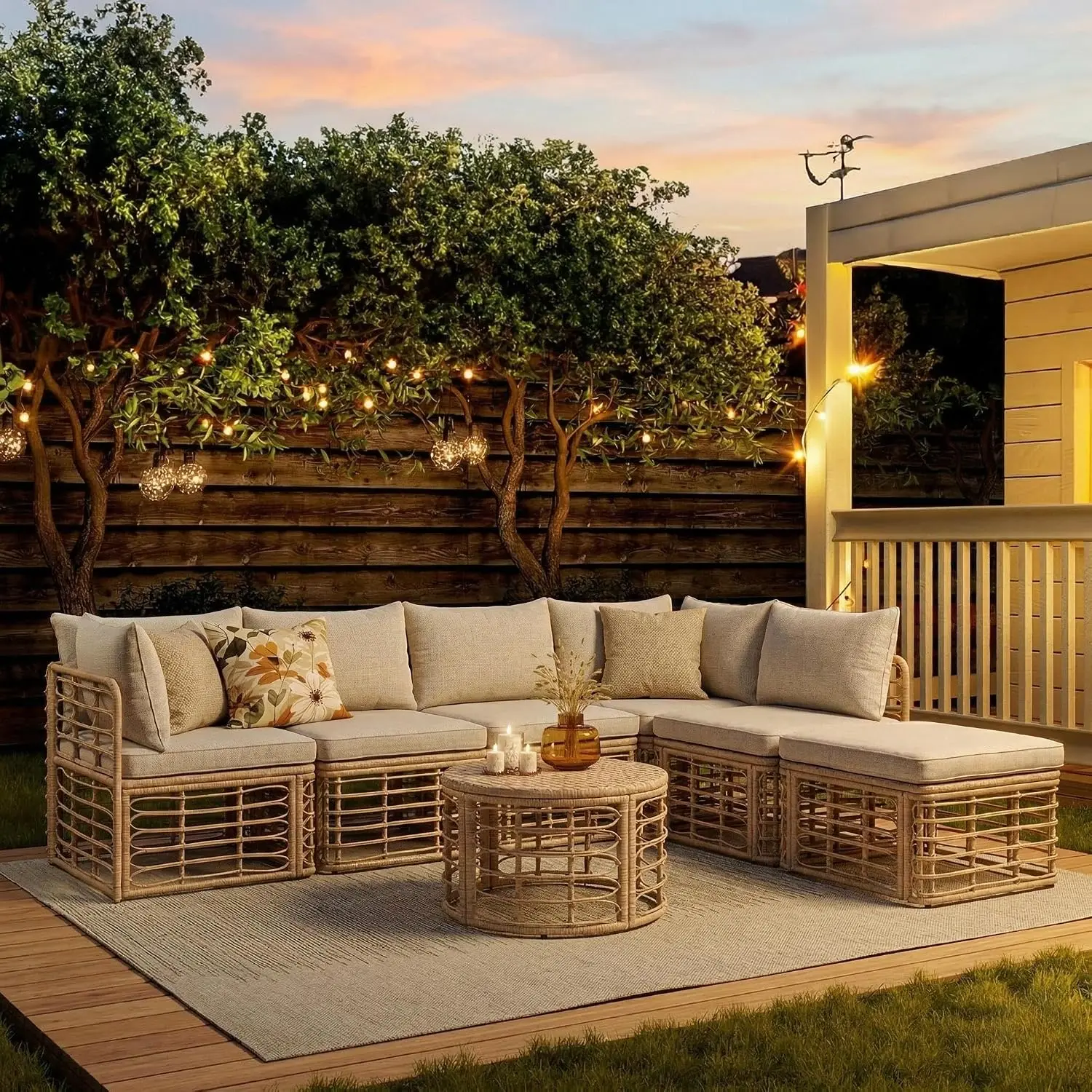 7 Pieces Outdoor Furniture Set, All-Weather Rattan Sectional Sofa Set with Thick Cushions and Pillows, Freely Combined, Custom