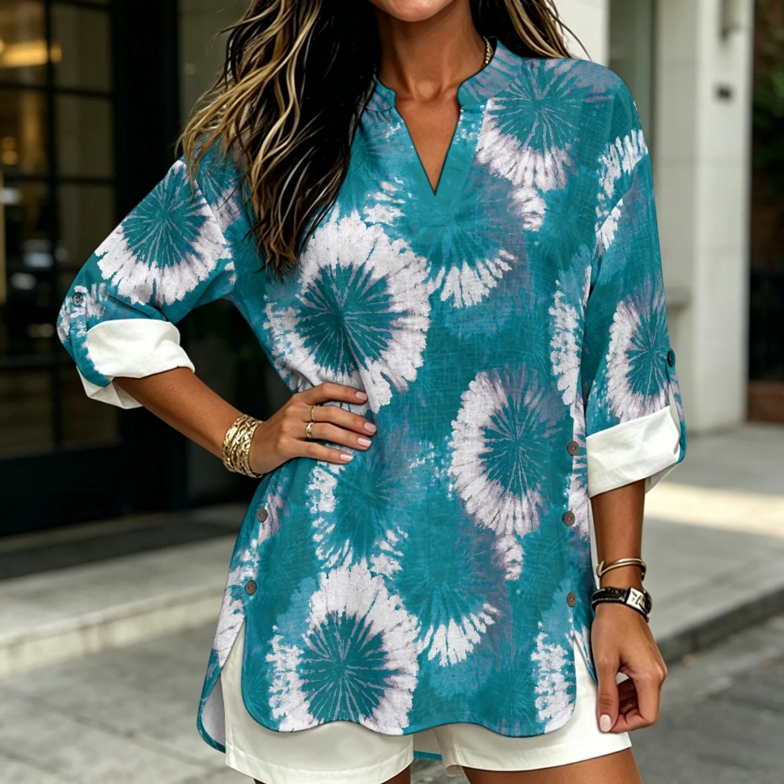 PENSTROLL Teal Tie Dye Print Linen-Like Casual Shirts Comfy Women's Long Sleeve V-Neck Blouse for Business Sizes S-5XL