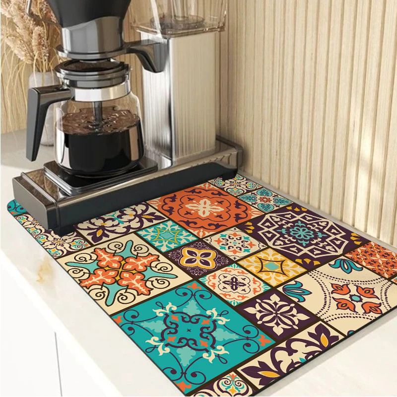 

Colorful Tile Pattern Kitchen Absorbent Draining Mat Super Absorbent Draining Coffee DishDrying Mat Quick Dry Bathroom Drain Pad