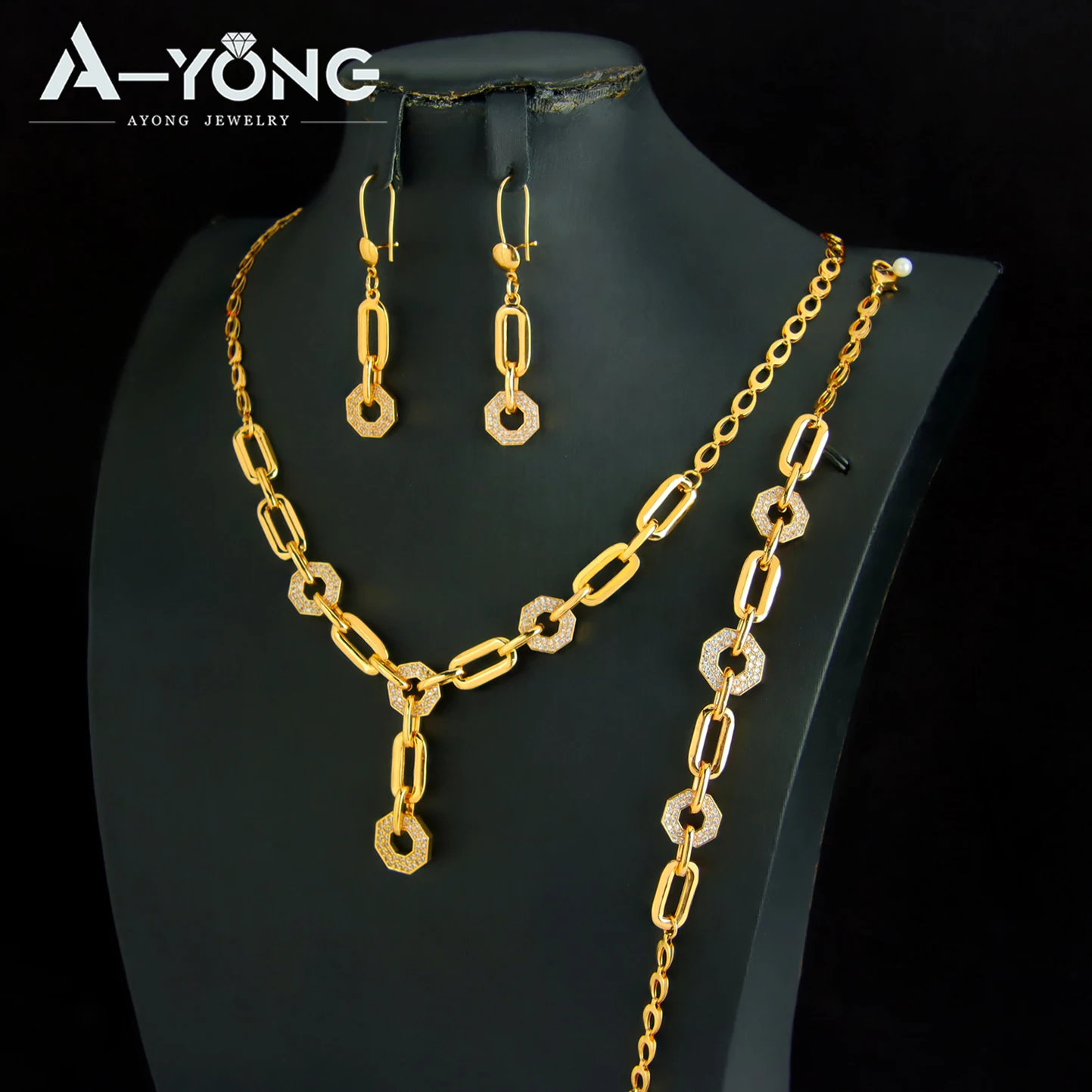 Dubai Fashion Jewelry Set 21k Gold Plated Italian Zirconia Necklace Bracelet Earrings Arabic Women Vintage Daily Party Jewelrys