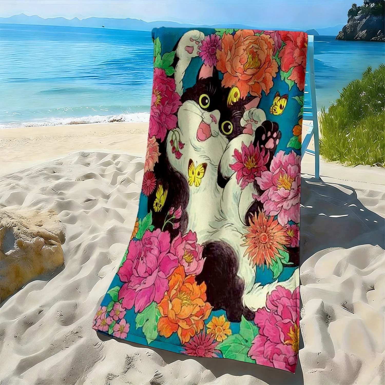 

Cute cat and colorful flower patterns polyester microfiber beach towel is highly absorbent, suitable swimming and beach outings