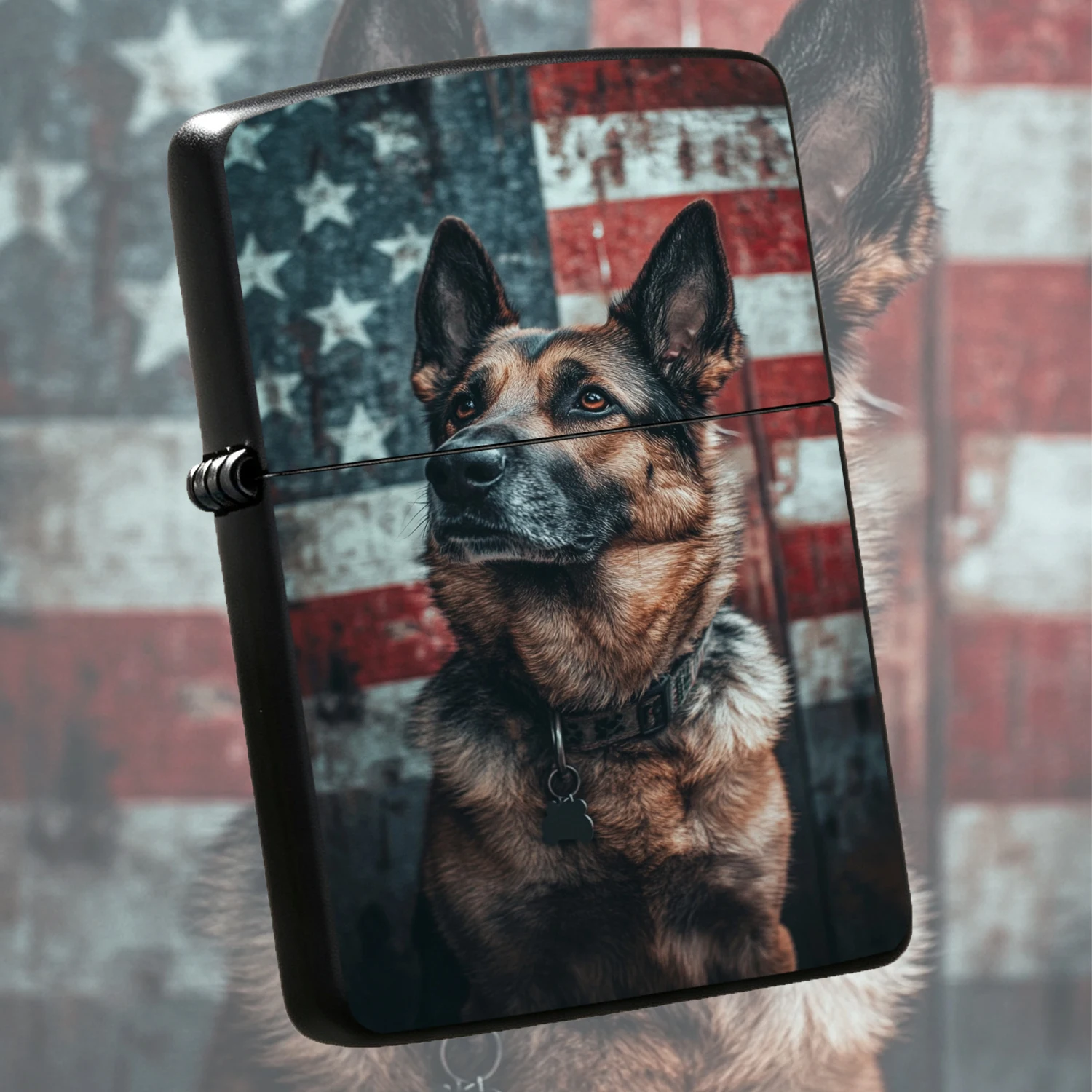 Vintage American Flag German Shepherd Pattern Lighter, Portable Stylish Accessory For Outdoor Daily Use, Unique Decorative Keepsake Gift For Pet Lovers, Patriotic Themed Practical Item For All Occasions, Exquisite Collectible Souvenir With