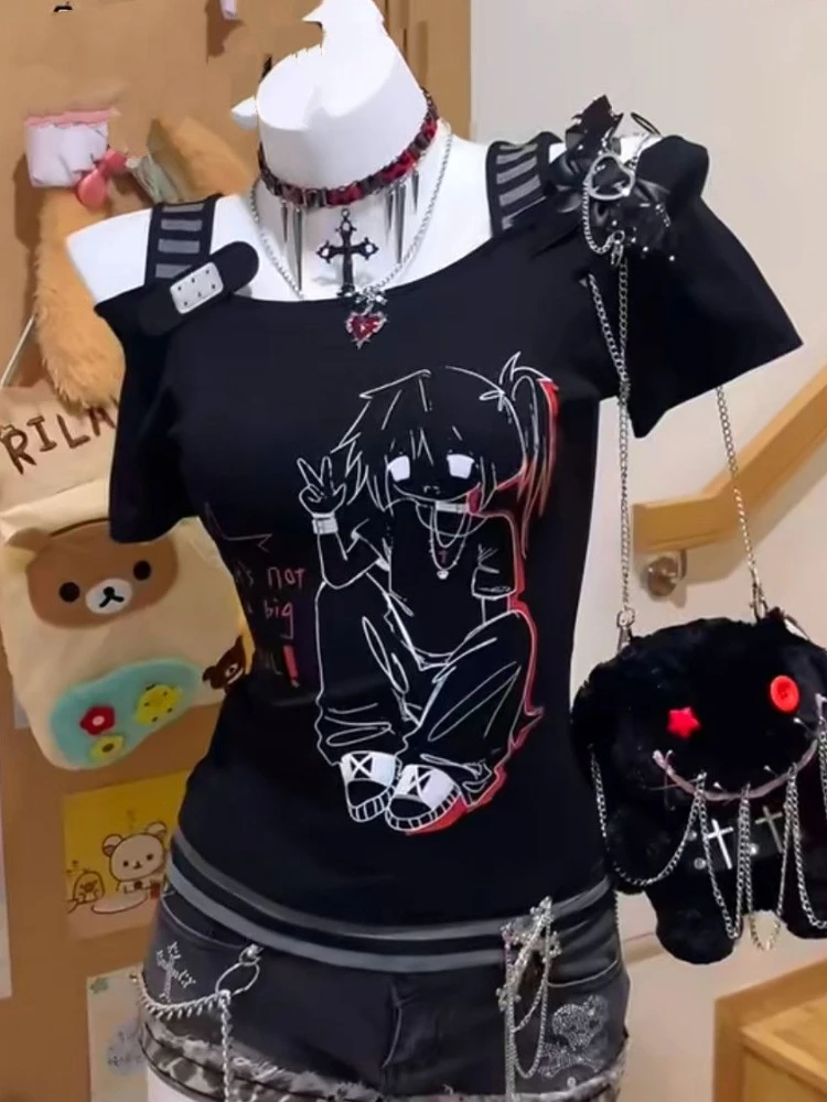 هوتشو Y2k الأسود Juminocore تي شيرت المرأة Kawaii مخطط قصيرة الأكمام قبالة الكتف تيز اليابانية موضة سليم الحلو جيارو