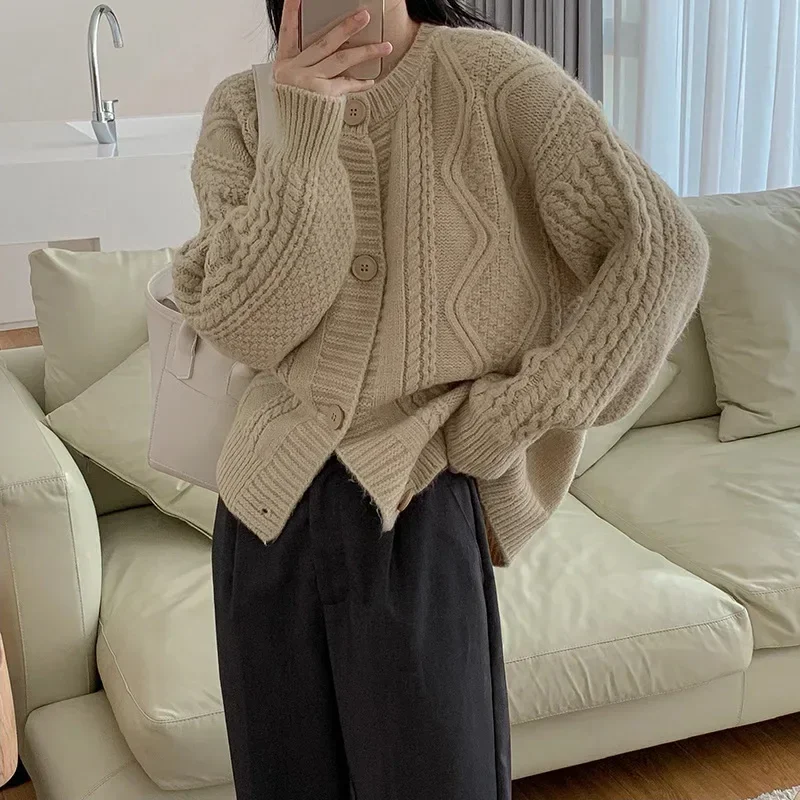 

Women Vintage Warm Cable Sweater Solid Color O-Neck Single Breasted Knit Cardigans Thick Loose Casual Sweater Cardigans Chic New