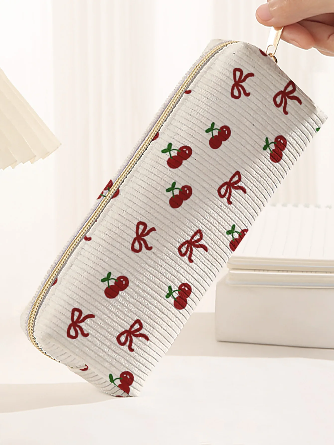 Cherry Bow Print 3 Pieces Pencil Case Set, Corduroy Zipper Stationery Pouches For Student Pens And Small Daily Supplies