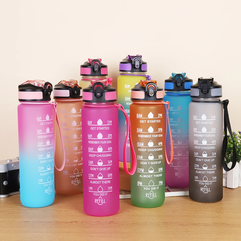 1L Gradient Color Motivational Sports Water Bottle with Time Marker Leak-proof Drinking Water Bottle Outdoor Sports Travel Kettl