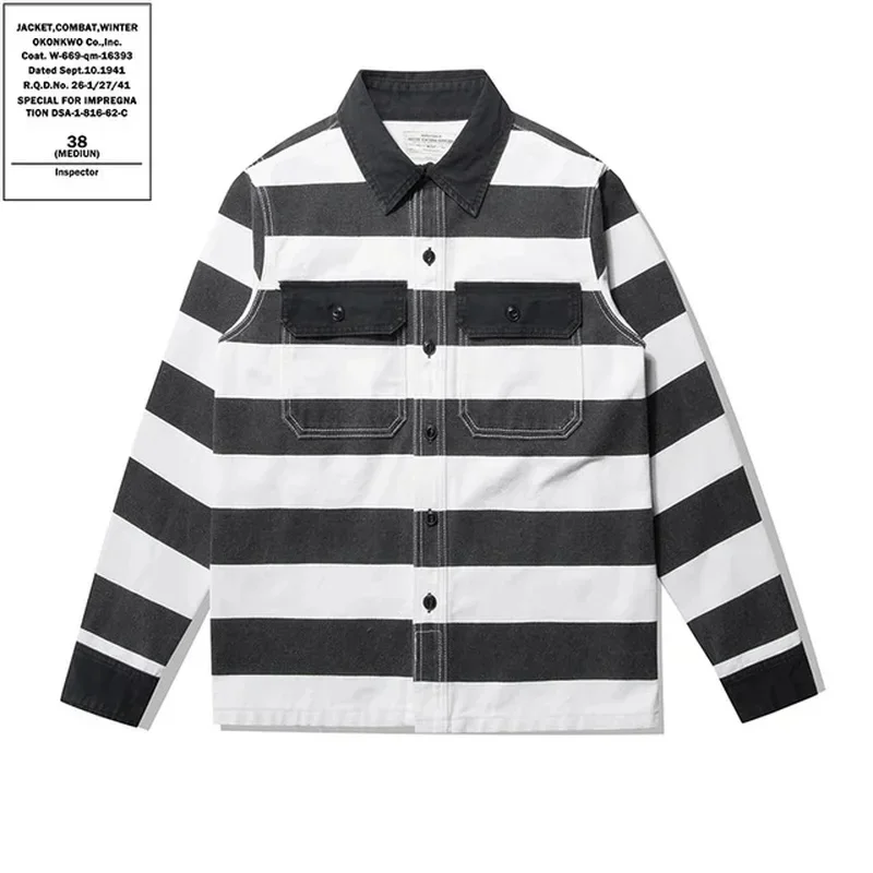 Thick Canvas Motorcycle Coat 16oz Heavyweight Prisoner Striped Jacket Outdoor Trekking Camping Hunting AMIKAJI Shirt