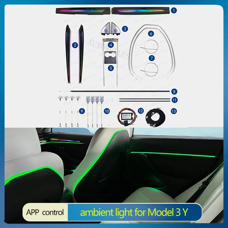 

Полный 256 цветов, динамический окружающий свет для Tesla Model3 Y 2021 2022 2023, управление через приложение, неоновая лампа, приборная панель, угольная панель, дверные полосы