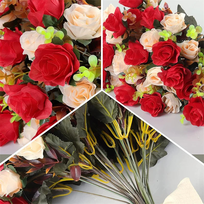 Rosa flores artificiais 6 ramo 12 cabeças flores falsas com hastes buquês de flores de rosas falsas para decoração de festa de casamento em casa