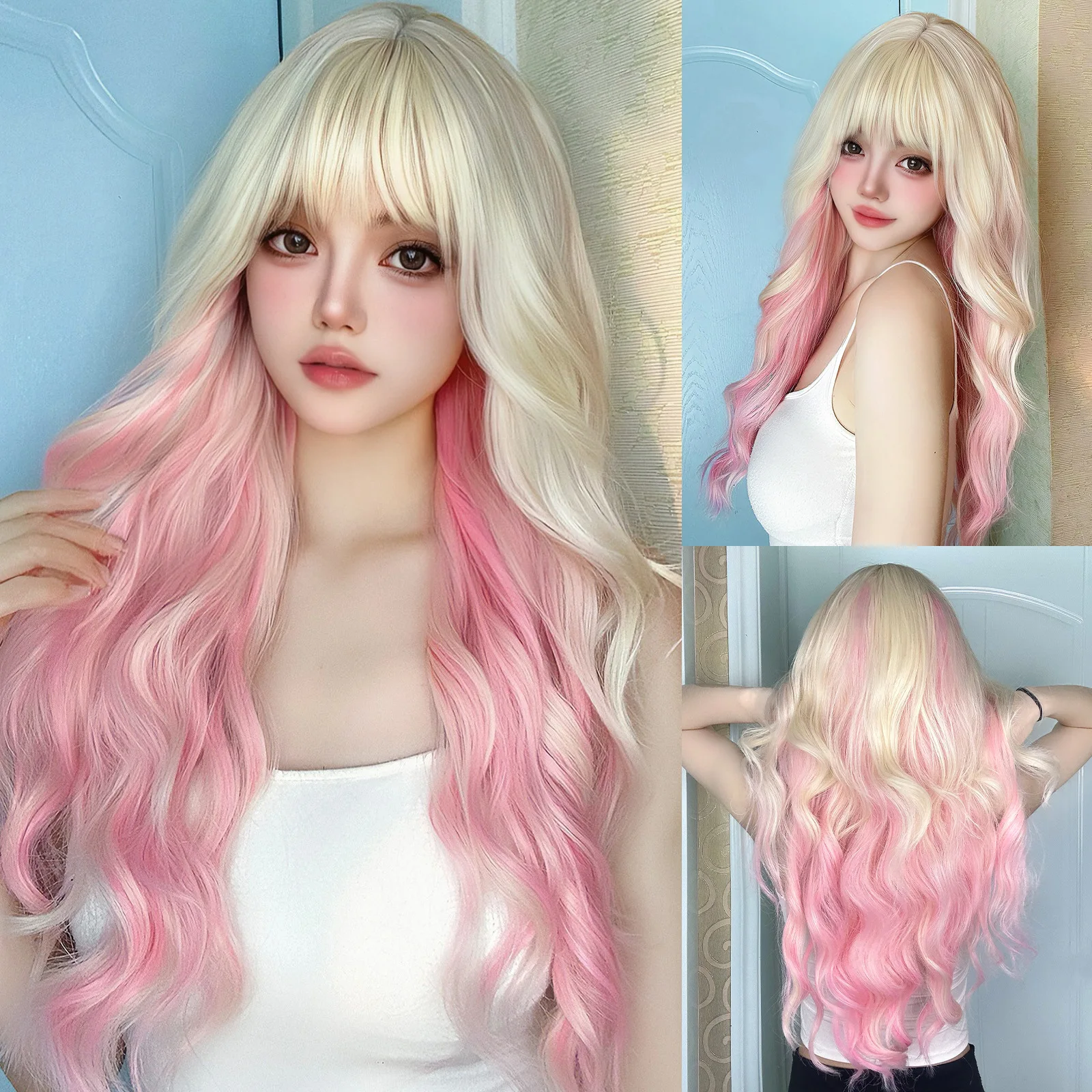 Long Wavy Mixed Pink Wig for Women Daily Party Synthetic Wigs with Bangs For Women Cosplay Lolita Party Wig