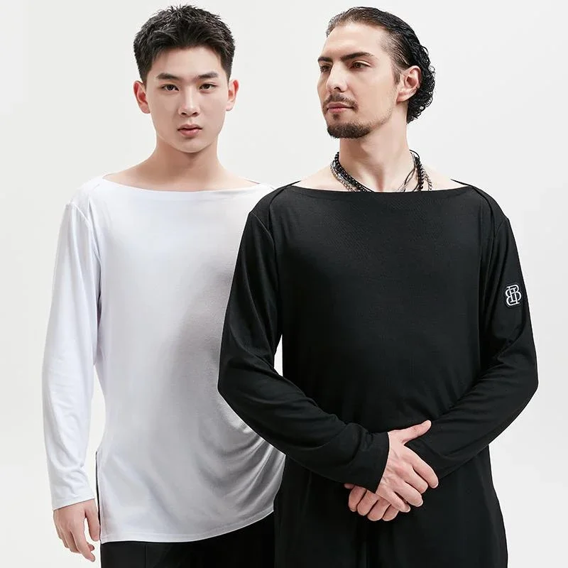 

New Black White Latin Dance Shirts Men'S Ballroom Dance Top Adults Long Sleeves Modern Dancing Tops Practice Wear SL12952