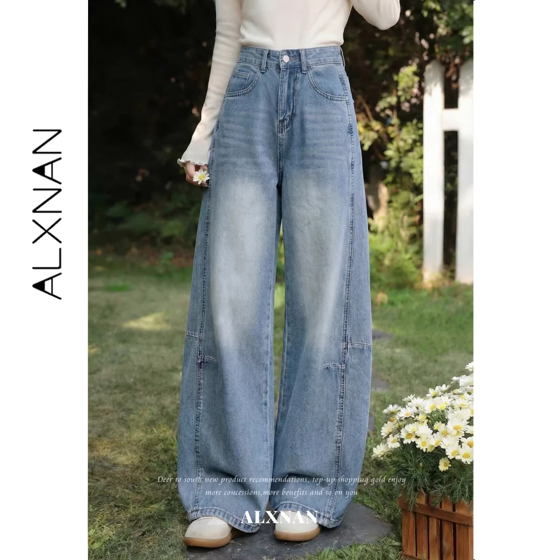 

ALXNAN Women's Baggy Jeans Blue High Waist Wide Leg Denim Pants 2026 Summer Fashion Vintage Patchwork Cargo Scythe Pants L62888A