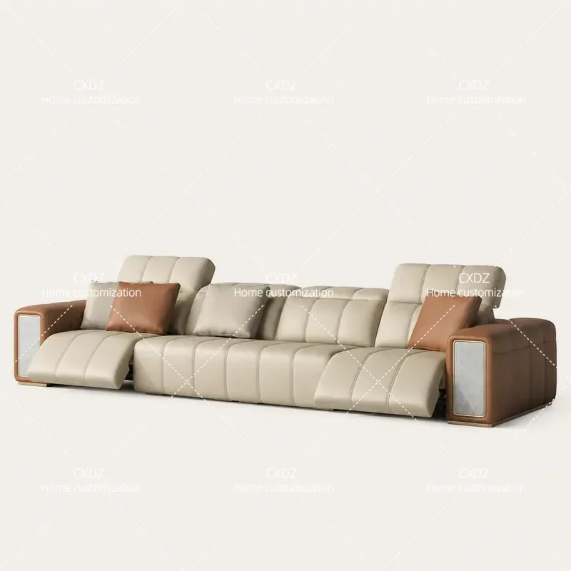 Light Luxury Electric Recliner Sofa Large Flat Leather Couch for Living Room Straight Row Multi Functional All Leather