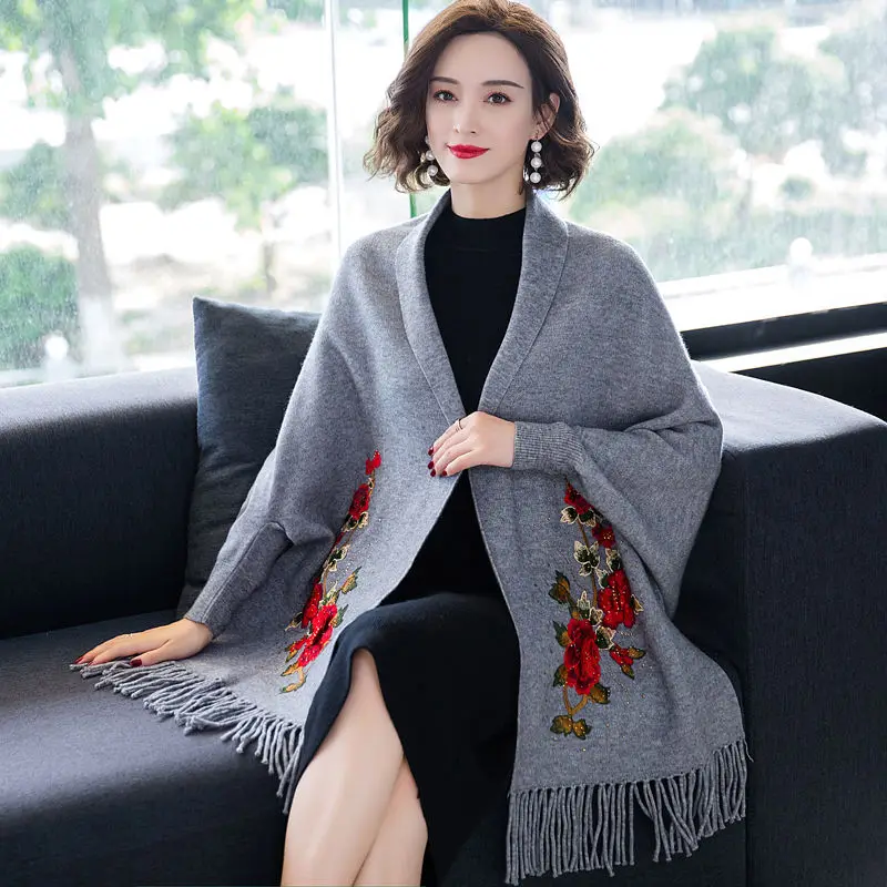 Poncho female spring and autumn ladies casual shawl coat mid-length cape cloak cashmere scarf cardigan full sleeve coat tops