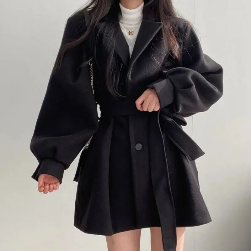 Women Beige Lantern Sleeve Wool Coat Self Fabric Belt Waist Cinched Mid Suit Collar Woolen Overcoat for Autumn Winter Jacket