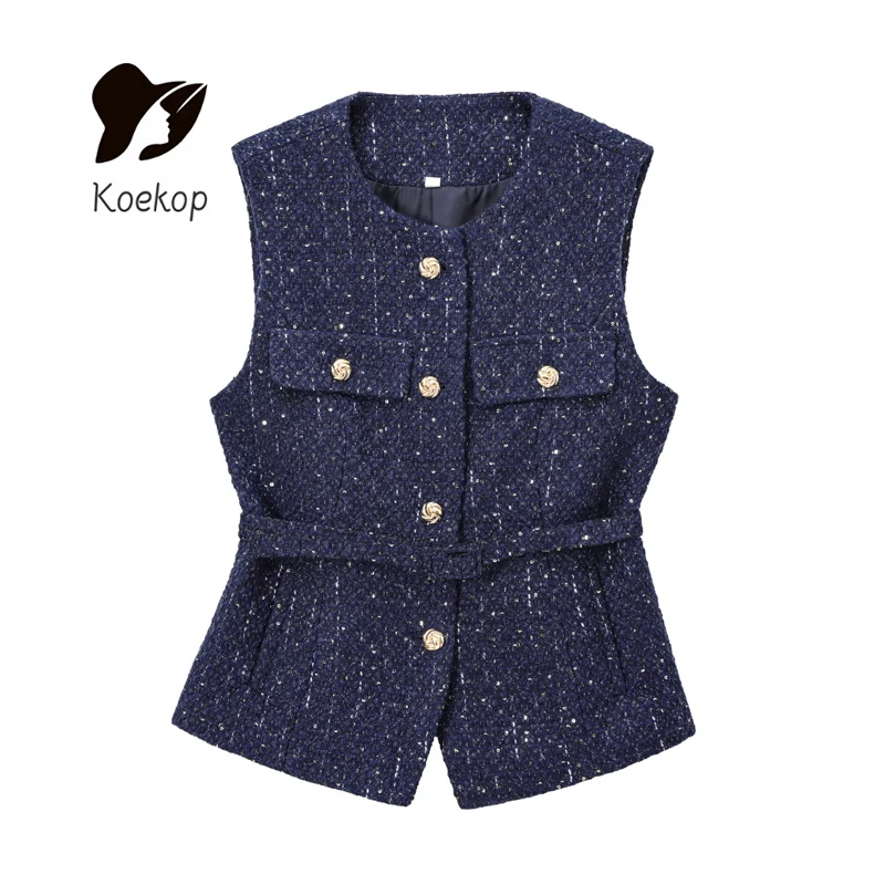 

Koekop 2025 Women's Fashion Solid Color With Belt Beaded Textured Vest Vintage Casual Temperament Women's Chic Lady Vests