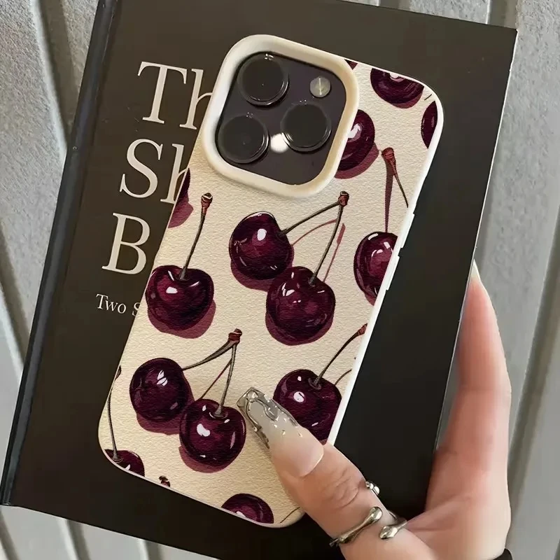 Picture 4: Full Screen Wine Red Cherry Pattern Lychee Texture Phone Case For iPhone 17 AIR 16 15 14 13 12 11 Pro MAX Plus Y2K Matte Cover