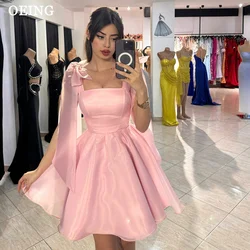 OEING Spaghetti Straps Mini Homecoming Dresses Elegant Bow Straps Satin Ruched Above Knee Graduation Prom Dress Vestidos De Gala