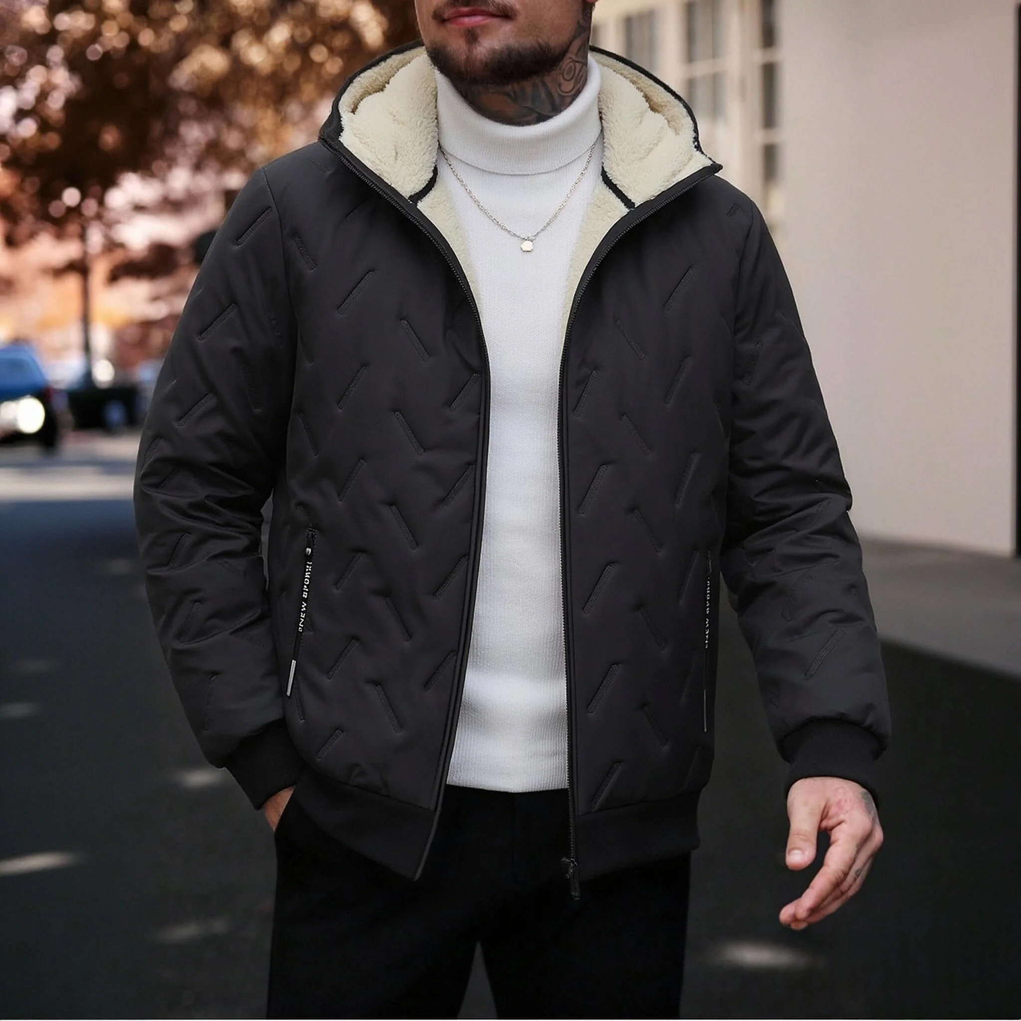 Men Hooded Fleece Lined Jacket Warm Winter Coat Casual Sports Outerwear Mens Fashion Outfits