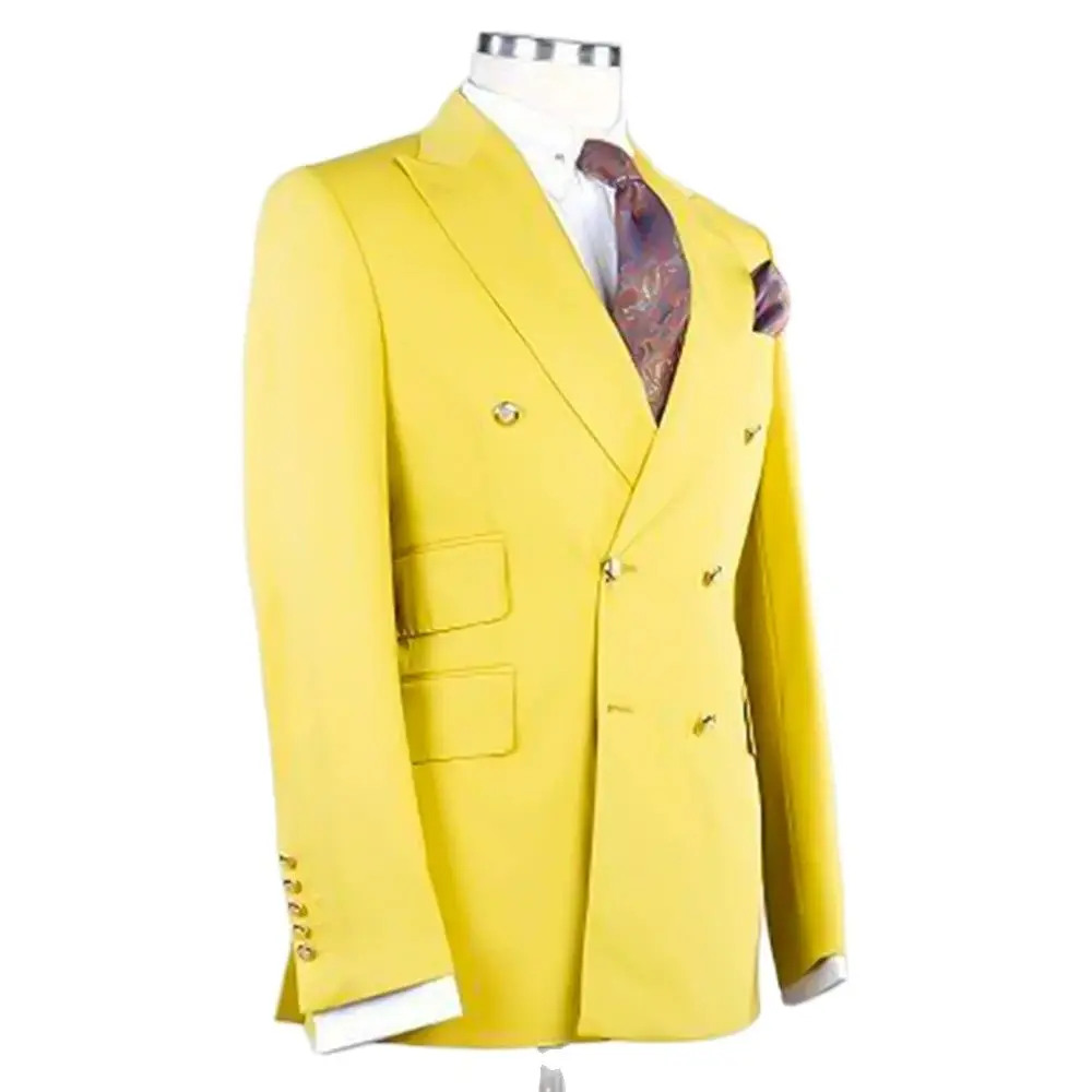 Luxury Men\'s Suit Blazer Yellow Regular Lenght Peak Lapel Hight Street Chic 2 Piece Jacket Pants Business Smart Casual Terno 031