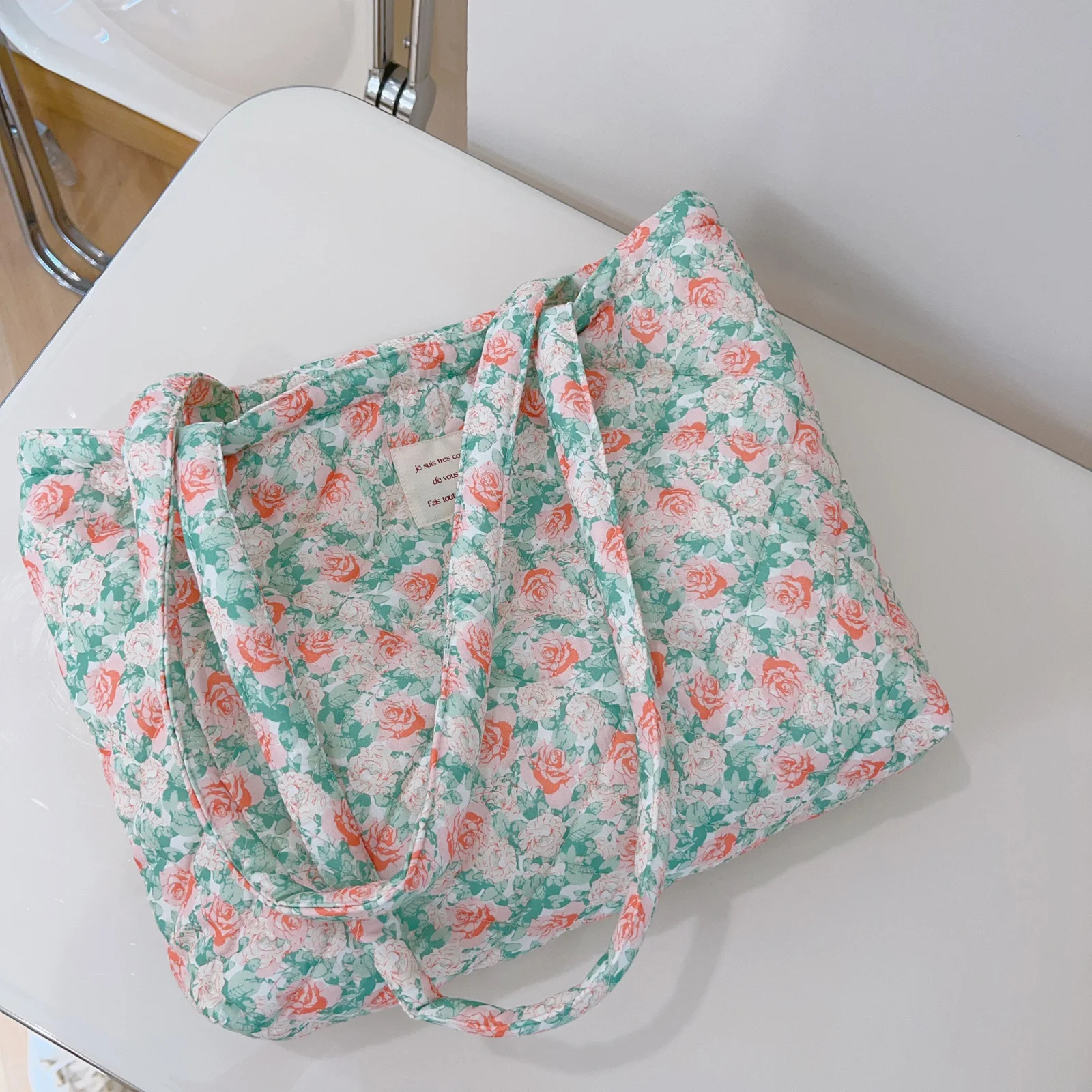 French Floral Quilted Tote Bag for Women Large Capacity Shoulder Handbag with Cotton Li-ning Stylish Mommy and Book Bag view 2