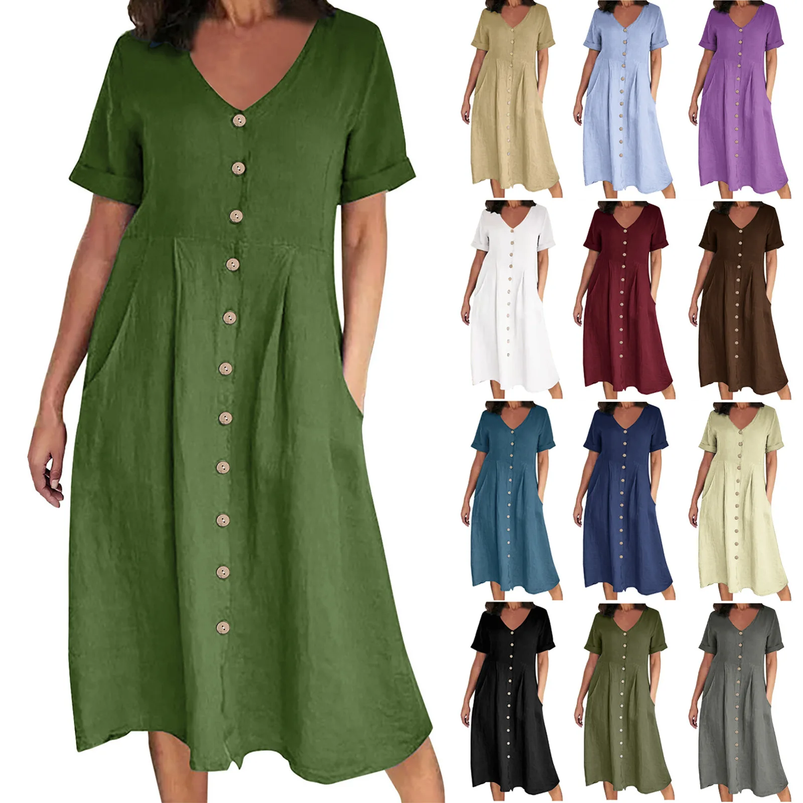 Women's Summer Casual Cotton Linen Midi Dress White  Loose Elegant Green Dresses Vestidos Платье С Декольте Jupe Longue Femme