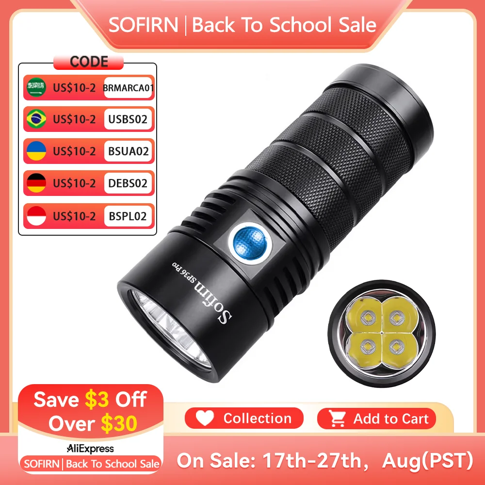 

Sofirn SP36 Pro Anduril 4 * SST40 Мощный светодиодный фонарик 8000LM USB-C Перезаряжаемый фонарь 18650 Супер яркий фонарь