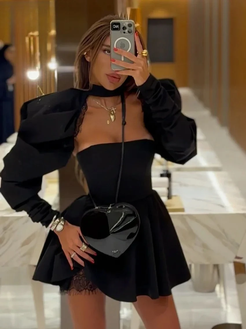 Sexy Slim Black Women's Dress  Bodycon Stand Collar Long Sleeve Mini Dresses Elegant Lace Spliced Female Dress