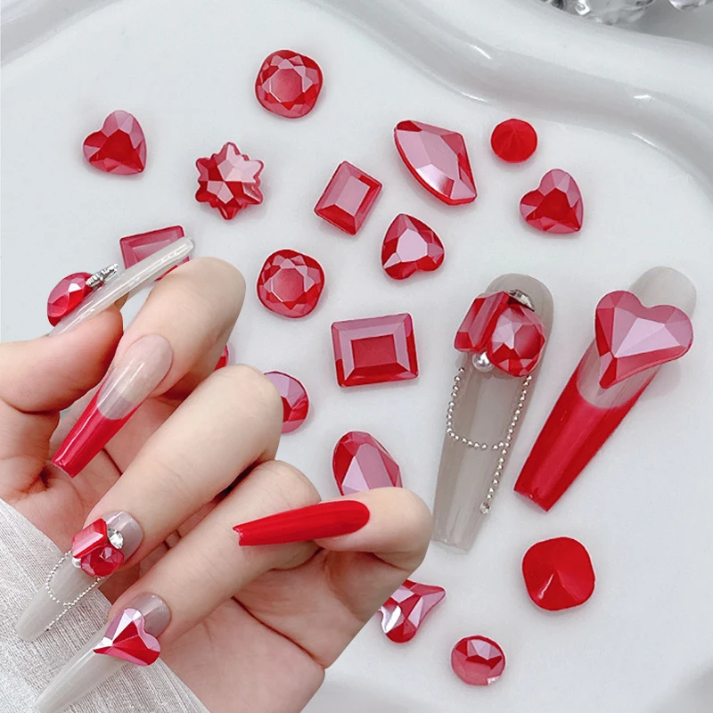 10Pcs Sparkle Crystal Red Rhinestones 3D Nail Art Decoration Translucent Nail Charms Mix Shape Jewlery Manicure DIY Nail Art