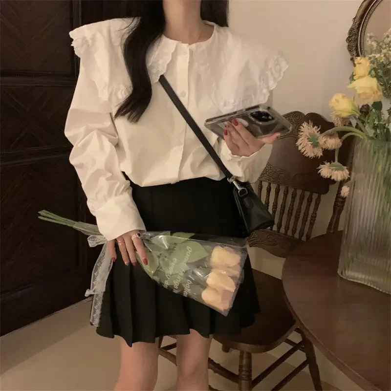 Peter Pan Collar Japan Fashion Shirts Women Kawaii Lovely Solid Preppy Style Aesthetic Retro Soft Casual Lightweight Blusas Tops