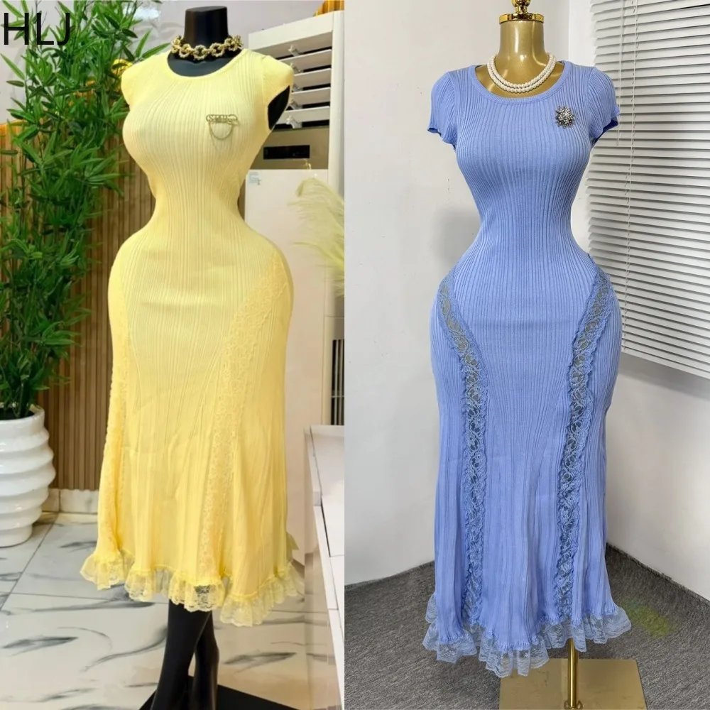 HLJ Elegant Ribbed Knit Bodycon Dress for Women Lace Patchwork Short Sleeve Round Neck Dresses Party Ladies Pencil Vestidos New