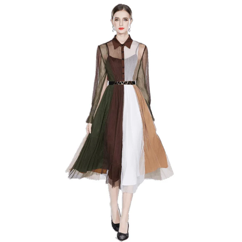 컬러 블록 허리 조임 플리츠 스커트 긴 소매 미디 드레스 여성 패션 봄 가을 폴리에스터 안감 A라인 스커트