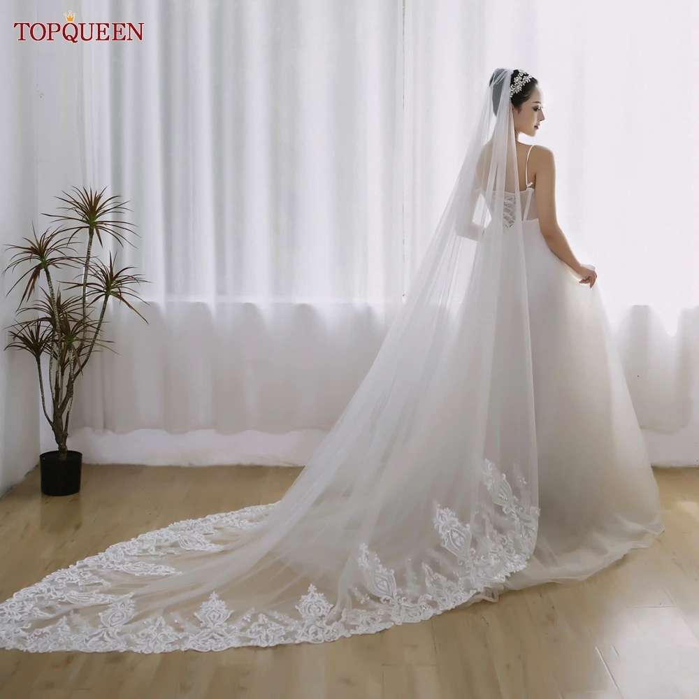 Topqueen-スパンコール付きの結婚式のレースのベール,長い花柄,白,花嫁,庭,v149,2024