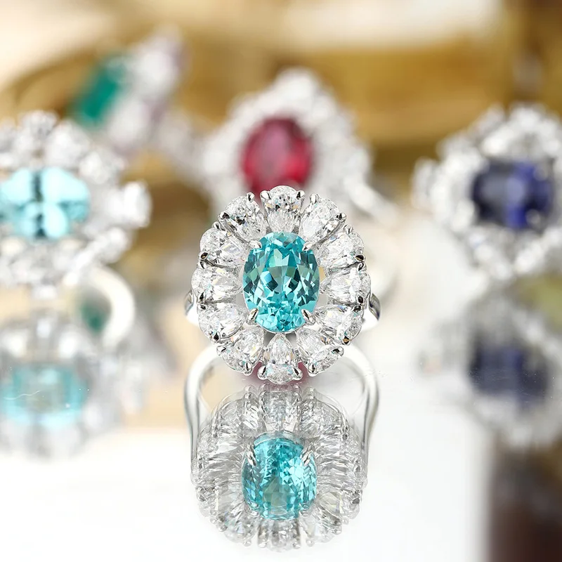 Fashion Design Lab Grown Paraiba 4.5 Carat Oval Cut Blue Color Silver Engagement Ring Luxury Jewelry