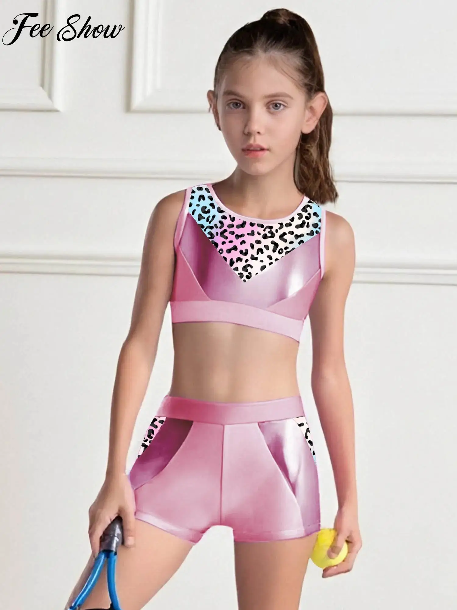 

Children Fashion Sports Suit Girl Fitness Workout Costume Sleeveless Metallic Crop Tank Top+Shorts Yoga Gymnastics Dancewear Set