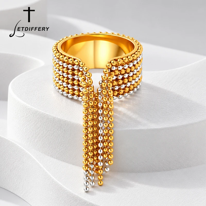 Letdiffery Fashion Chain Tassel Rings Stainless Steel Geometric Sliver Gold Color Bead Chain Adjustable Open Rings Jewelry Gifts