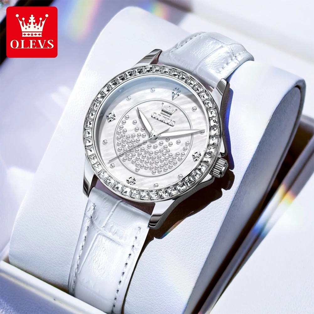 OLEVS 3715 Quartz Watch for Woman Fashion Leather Strap Waterproof Elegant Full Diamond Luxury Original Ladies Dress Wristwatch