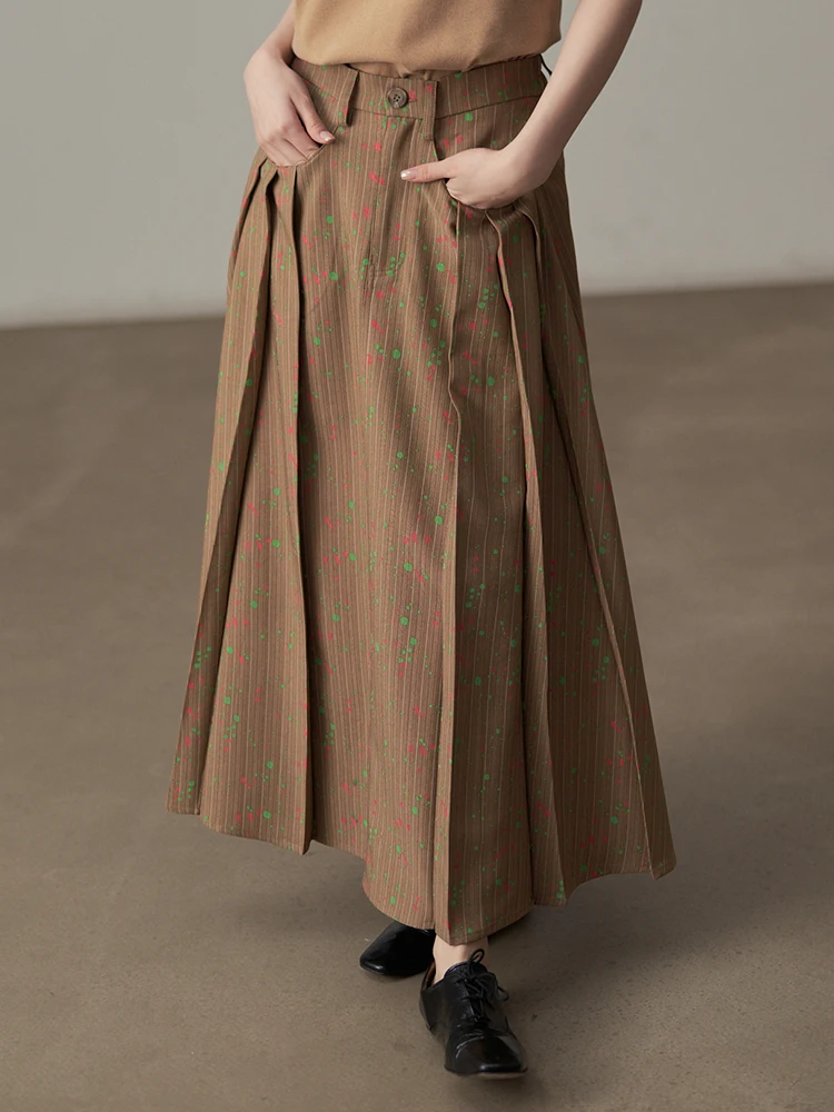 YERMORA High Elastic Waist Khaki Pleated Splash-ink Half Body Skirt For Women Loose Fashion Tide Spring Summer 2025 New A334