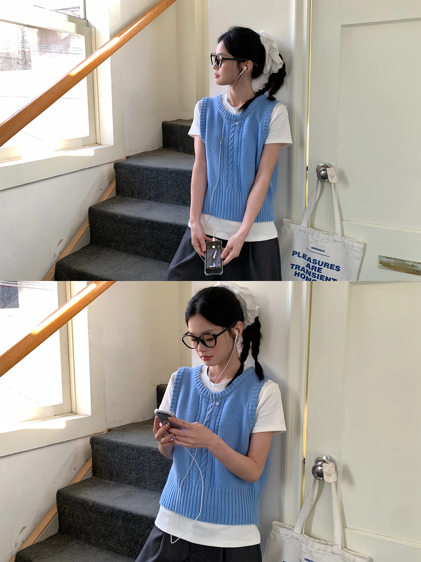 

Blue Knitted Women's Vest Spring 2026 New Ba Design Layering Svel Top Loose Fit round Ne Casual Sle