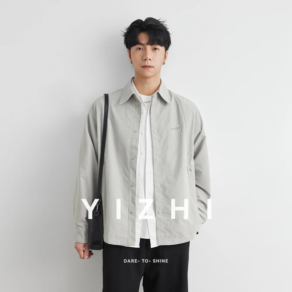 Fashion Men's Embroidery Pattern Shirts Pure 100% Polyester Autumn Solid Color Long-Sleeve Casual Business Formal Dress Men