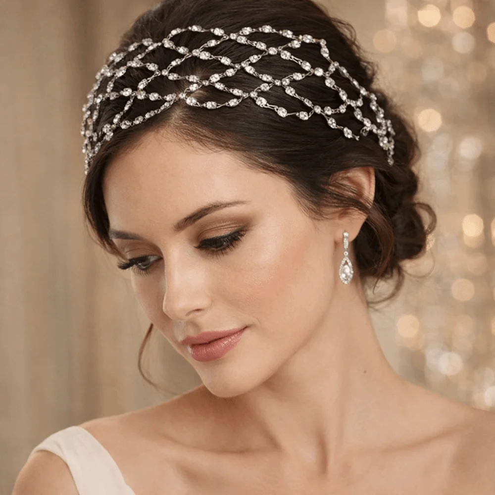 

Элегантная сверкающая сетка для волос с короной, ручной работы, свадебные украшения для головы, тиара со стразами, ювелирные повязки на голову, повязки для волос невесты, головной убор