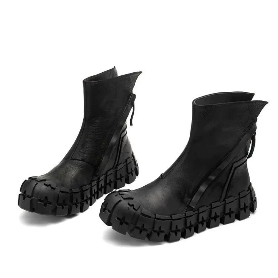 Gothic Black Genuine Leather Ankle Boots for Men Thick Tire Sole Back Zipper Streetwear Punk Combat Boots Chunky Sole Booties