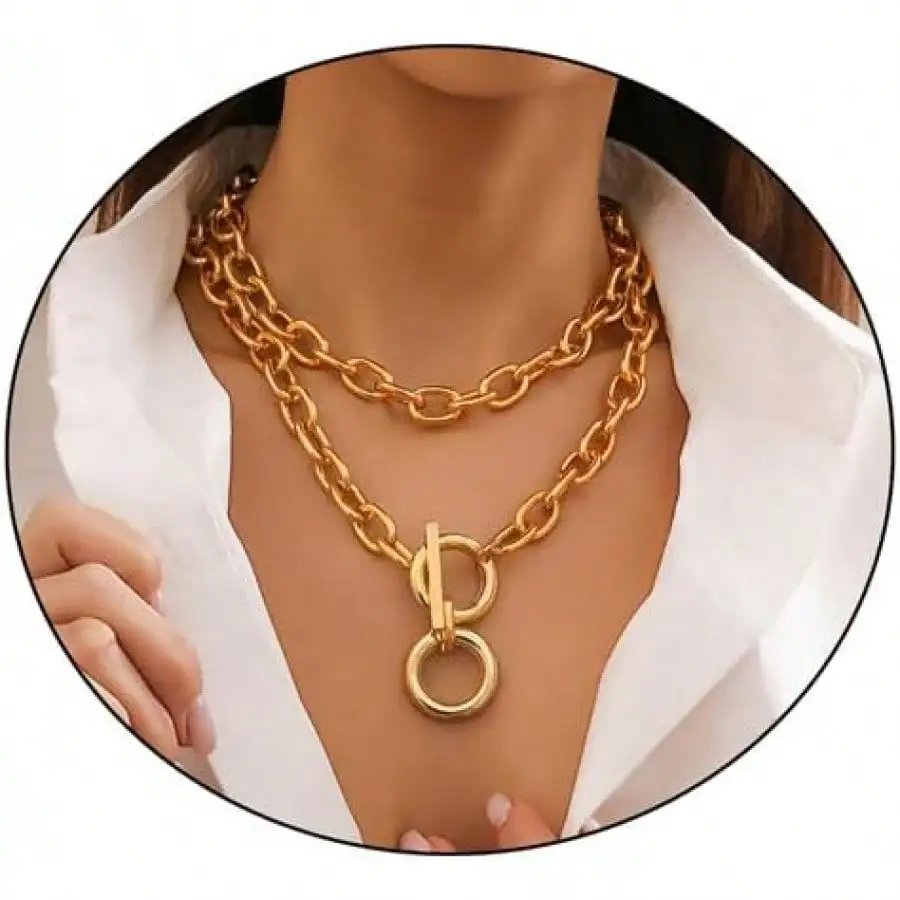 

Chunky Gold-Tone Layered Chain Necklace with Geometric Toggle Clasp