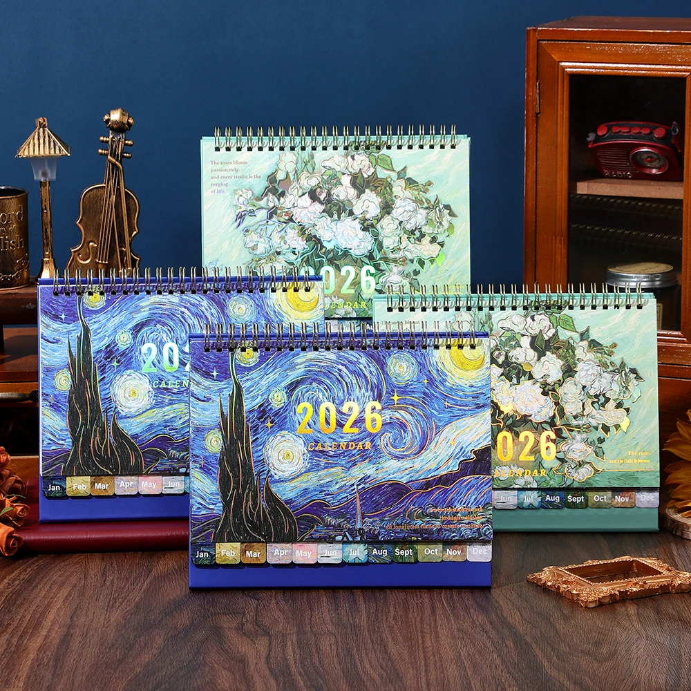 Calendario de escritorio Vintage 2026, diseño de pintura con índice de pegatina mensual, planificador diario/semanal/mensual para el hogar, la Oficina y la escuela