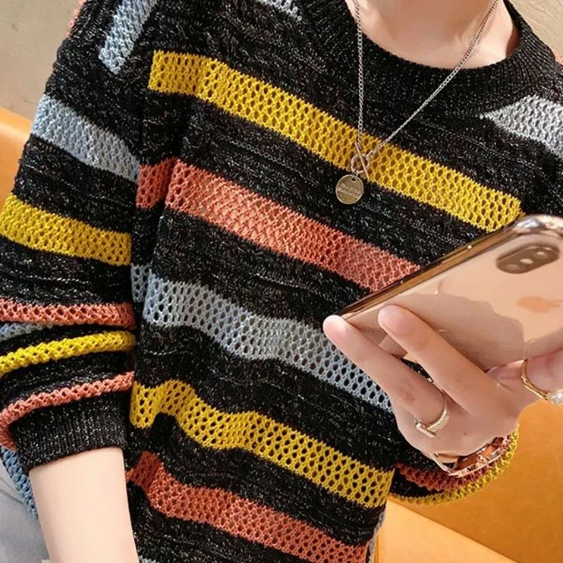 Women\'s T Shirts Knitted Tees Loose Striped 2024 Female Tops Crochet Tshirts Fitted Offer Korean Style Wholesale Tall O Clothes