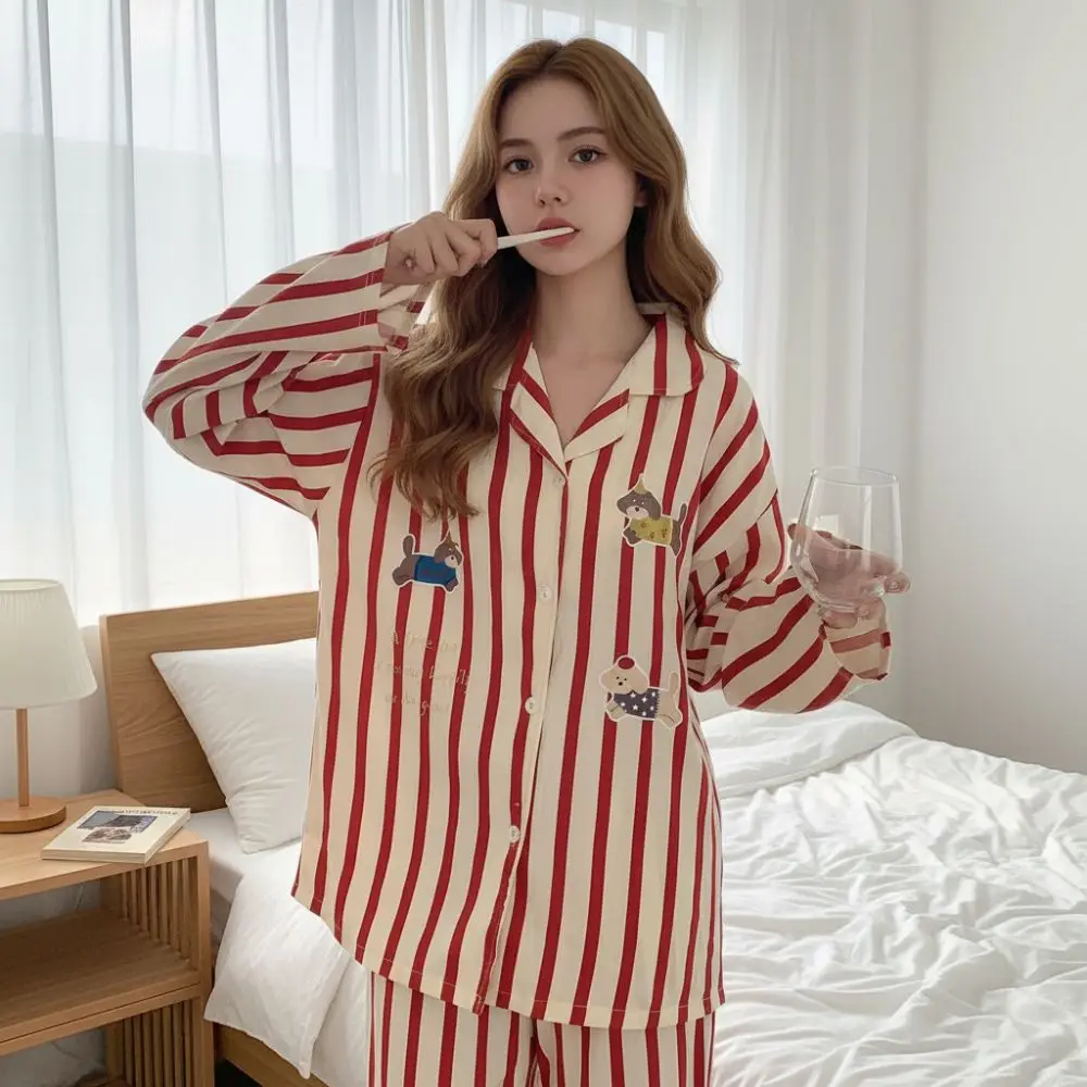 

Striped Collar Women's Pajama Set Cloud Cotton Dog Print Lady's Sleepwear Set Four Seasons Korean Style Long Sleeves Loungewear