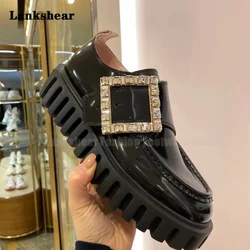 Rhinestone Square Buckle Thick Sole Loafers British Style Leather Shoes Casual Slip-On Single Shoes Mary Jane Women's Shoes