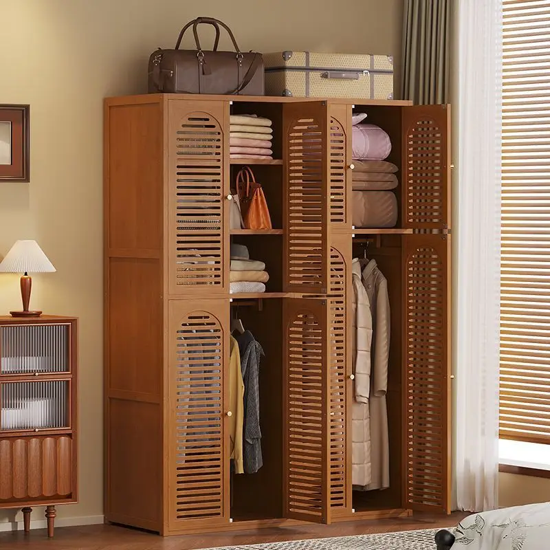 Wall-mounted large wardrobe with louvered double doors for small-sized home bedrooms, sturdy and durable with hanging rod design