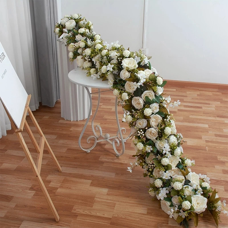 White Rose Hydrangea Large Flower Ball Artificial Green Plants Flower Row Runner Wedding Backdrop Decor Floral Wall Party Props